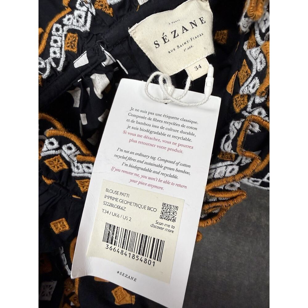 NWT Sezane Patti Blouse 34 XS Black Geometric Print Embroidered Cotton Top - Picture 5 of 6